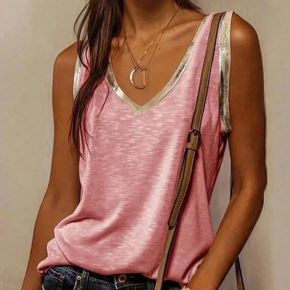 Pink Casual Women's Spring & Summer V-Neck Solid Color Loose Fit Vest - Picture 1 of 6